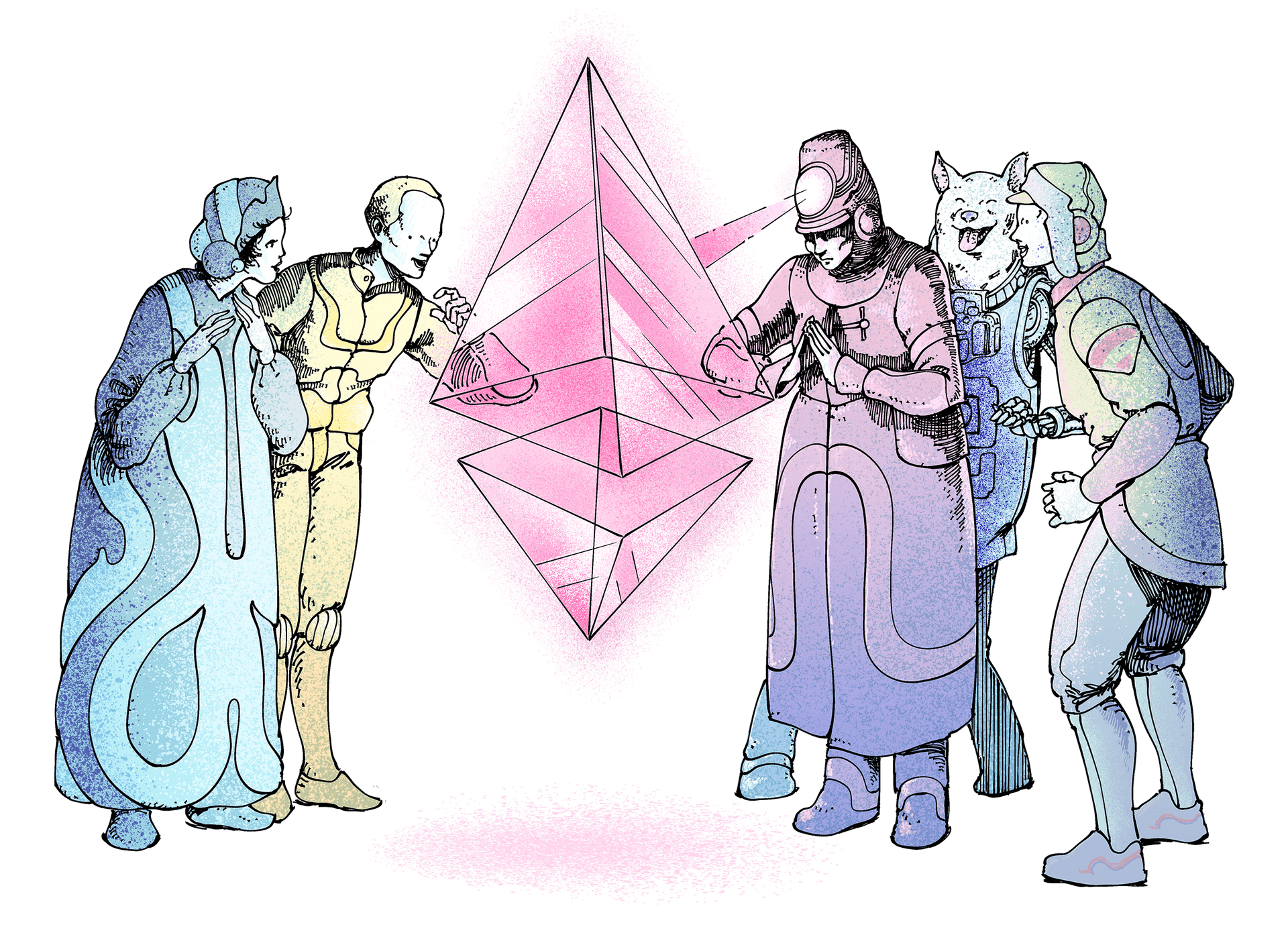 Illustration of a group of people marvelling at an ether (ETH) glyph in awe