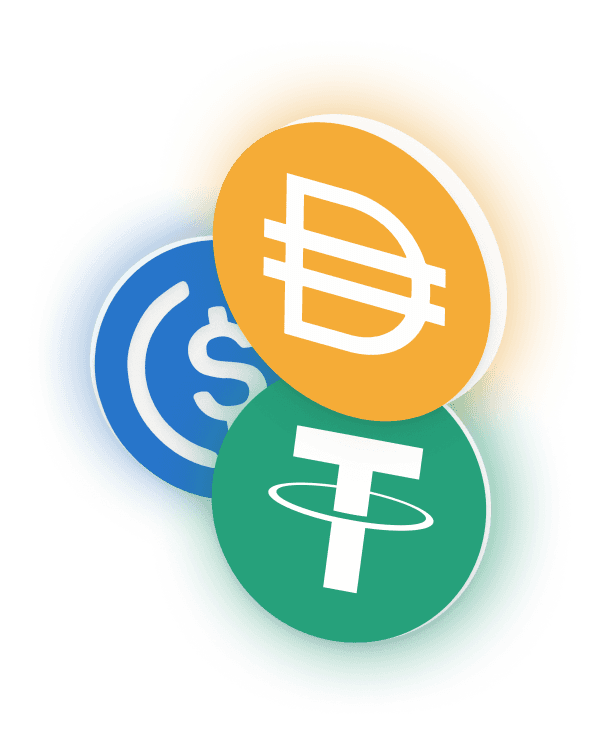 As três maiores stablecoins por capitalização de mercado: Dai, USDC e Tether.