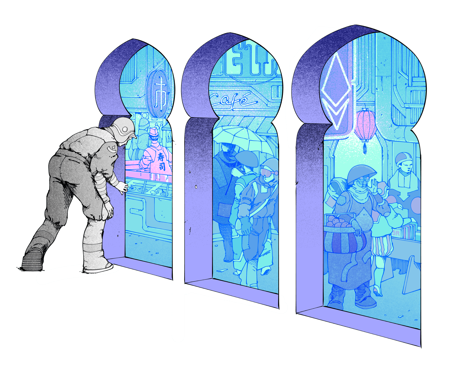 Illustration of a person peering into a bazaar, meant to represent Ethereum