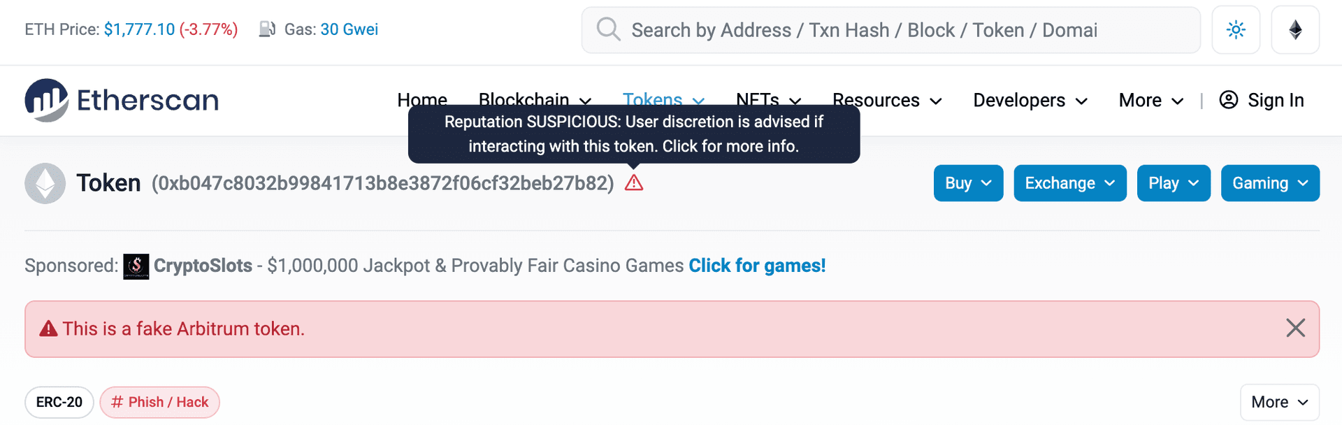 Les tokens frauduleux sur Etherscan